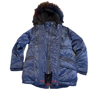 Appaman Girls Blue Shiny Middie Puffer Coat  W/colorful Faux Fur Hood Size 12